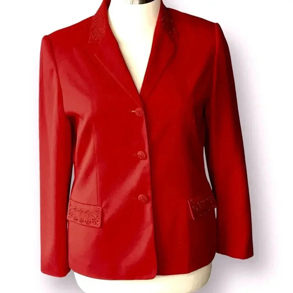 NYP Suits Vintage Blazer Buttoned Suit Jacket Size 14 Embroidered Beaded Red - Picture 1 of 15